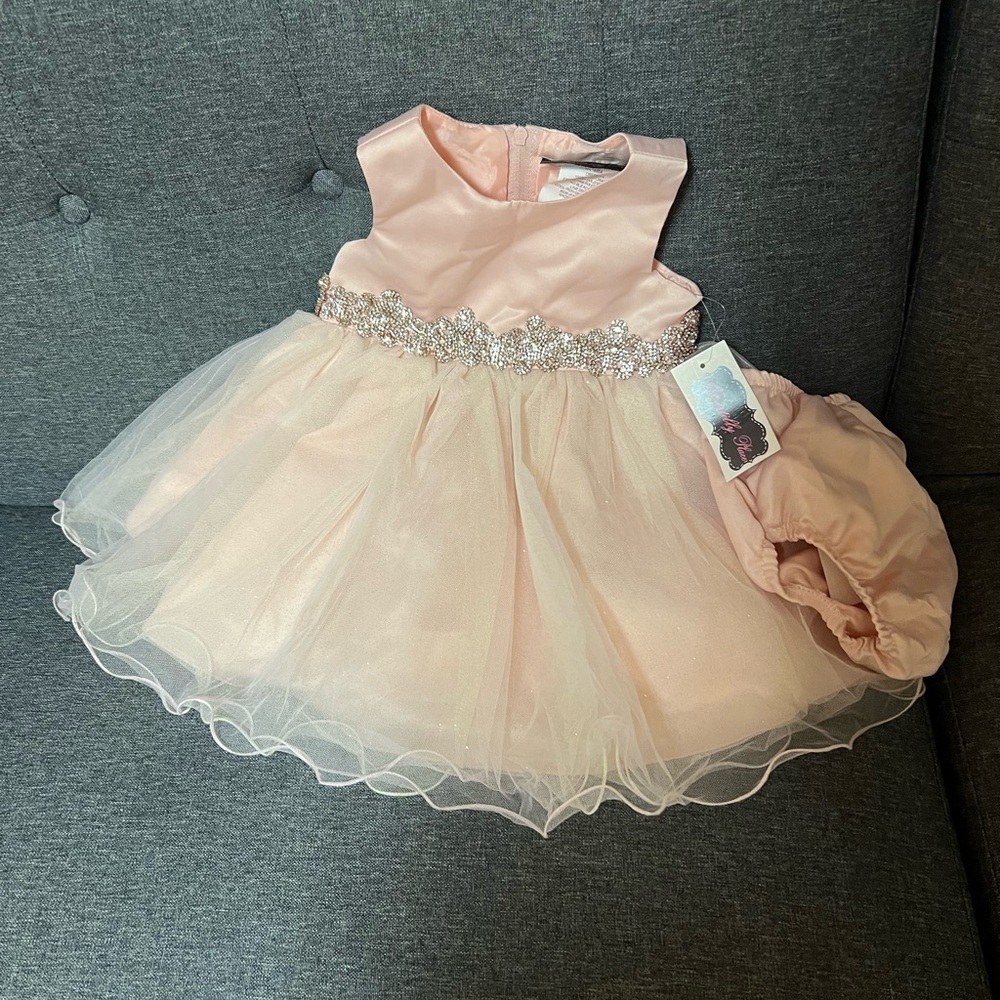 Chantilly place girl Satin/Mesh Wire-Hem Fit-And-Flare Dress; size 12 months